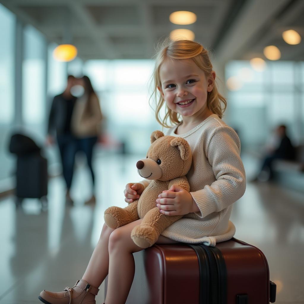  professional detailed photography, happy little girl sitting on suitcase and holding teddy bear, happy mom and dad in background, blurry background, airport, (muted colors, dim colors, soothing tones), (vsco:0.3)