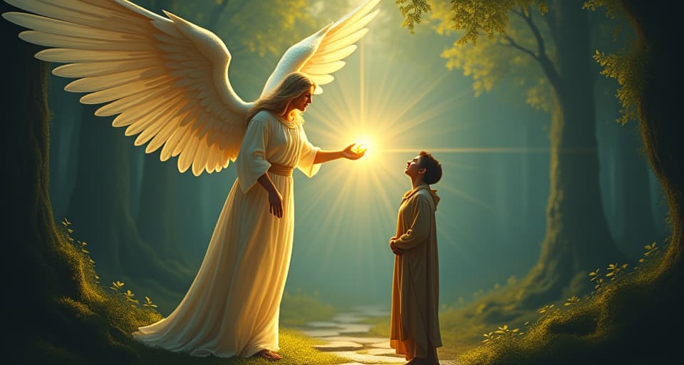  a majestic angel with outstretched wings, pouring glowing oil from a golden vessel onto a person standing in a magical forest. the individual looks empowered, their expression determined. the atmosphere is imbued with divine light, signifying empowerment by god's spirit.. the style is digital art illustration,highly detailed, whimsical,magical, dreamlike atmosphere, realism and fantasy blend, smooth, glossy textures,luminous quality, wonder and enchantment.