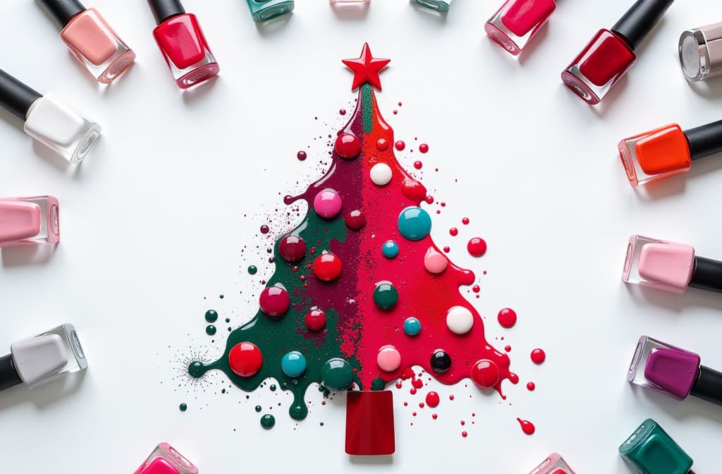  top view, lot of empty place around, little christmas tree made from spilled nail polish stains in centre of image, lot of colourful nail polish bottles lying around , white background {prompt}, maximum details