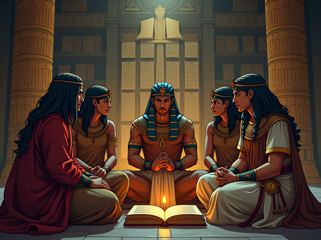  a group of individuals engaged in deep conversations in an ancient egyptian setting, discussing profound topics, with shelves of scrolls in the background, symbolizing life, death, and the soul. the style is digital art illustration / modern comic book / mysterious occult, symbolic, esoteric vibe,high detail on character design, incorporating ancient egyptian symbology and attire.