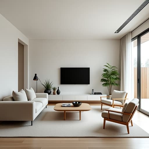  a modern living room with clean lines, neutral colors, and minimal furniture, focusing on simplicity and functionality.