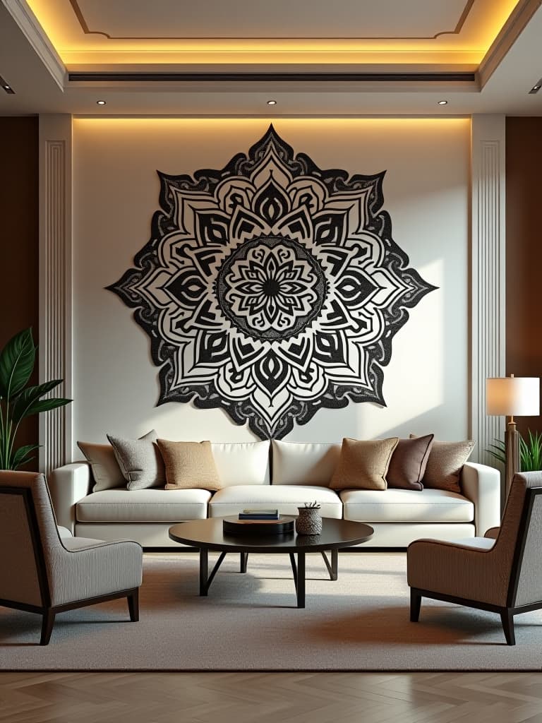  high quality portrait photo of an elegant living room with a large scale, hand painted mandala design on the main wall, creating a mesmerizing focal point against a neutral background hyperrealistic, full body, detailed clothing, highly detailed, cinematic lighting, stunningly beautiful, intricate, sharp focus, f/1. 8, 85mm, (centered image composition), (professionally color graded), ((bright soft diffused light)), volumetric fog, trending on instagram, trending on tumblr, HDR 4K, 8K