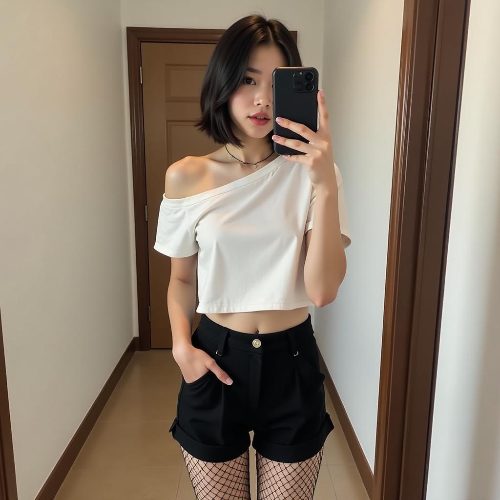  girly asian , very short bob hair wearing white cropped off shoulder t shirt flat and black shorts and fishnet stocking with black high heels taking selfie in room