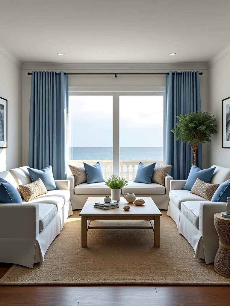  high quality portrait photo of a coastal inspired living room with shades of blue and white, featuring comfortable slipcovered furniture, natural fiber rugs, and beach themed accents like driftwood and seashells hyperrealistic, full body, detailed clothing, highly detailed, cinematic lighting, stunningly beautiful, intricate, sharp focus, f/1. 8, 85mm, (centered image composition), (professionally color graded), ((bright soft diffused light)), volumetric fog, trending on instagram, trending on tumblr, HDR 4K, 8K