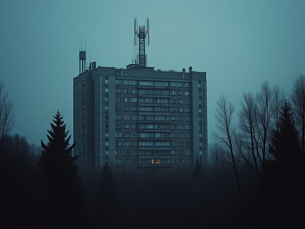  a 13 story building of a soviet research institute in the brutalist style of the 70s 80s, late in the summer evening in a dense pine forest, dim lights in some windows, huge antennas on the roof blinking with red