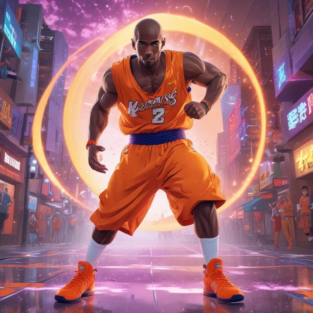 distance-shot, flashy, full-body, dynamic, holographic, animated cartoon poster of kobe scene in the style of dragon ball super