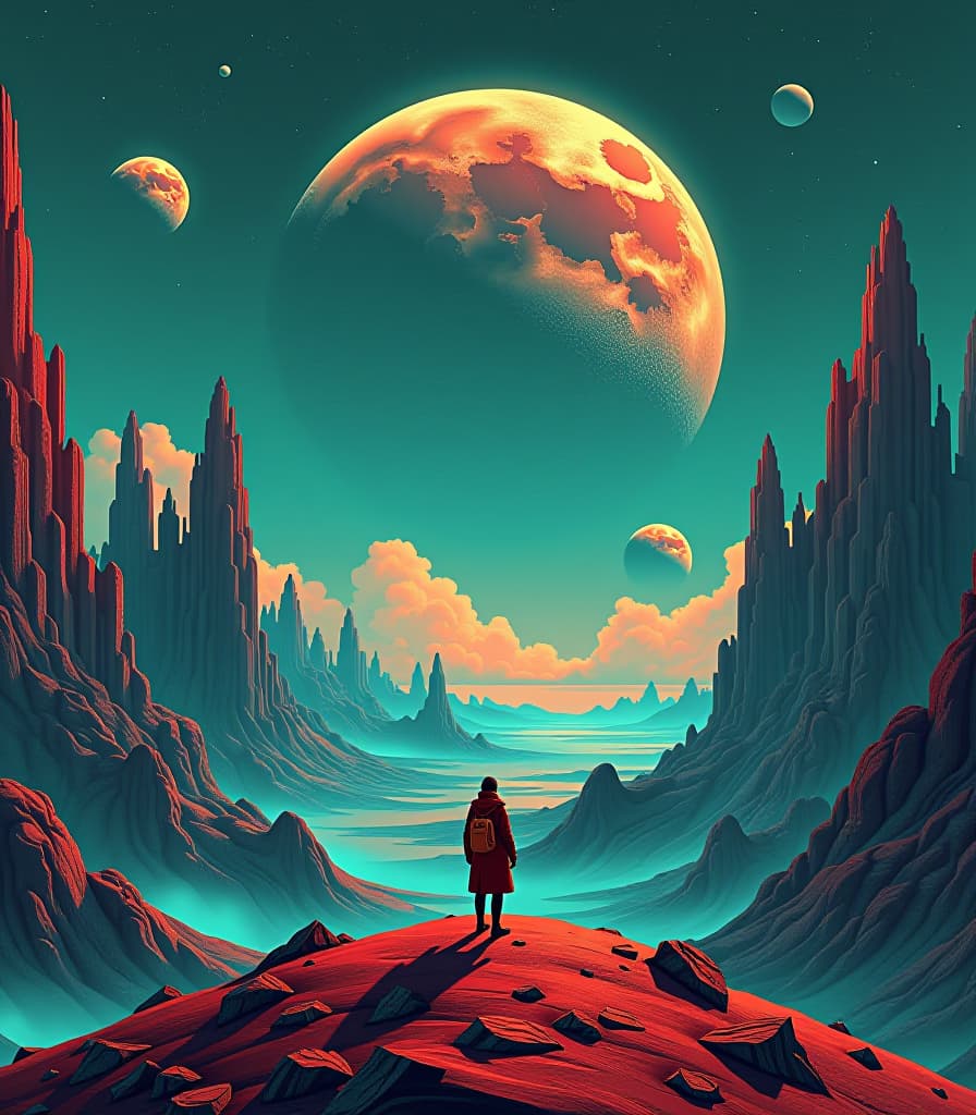  in the style by pascal blanché, acrylic paint, giant fractals on the deadly gloomy planet, flat illustration, teal, red, orange color scheme, sci fi theme, space art, three moon at the sky hyperrealistic, full body, detailed clothing, highly detailed, cinematic lighting, stunningly beautiful, intricate, sharp focus, f/1. 8, 85mm, (centered image composition), (professionally color graded), ((bright soft diffused light)), volumetric fog, trending on instagram, trending on tumblr, HDR 4K, 8K