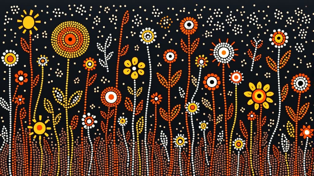  australian aboriginal traditional dot painting style image of a wildflowers in earthy colors.