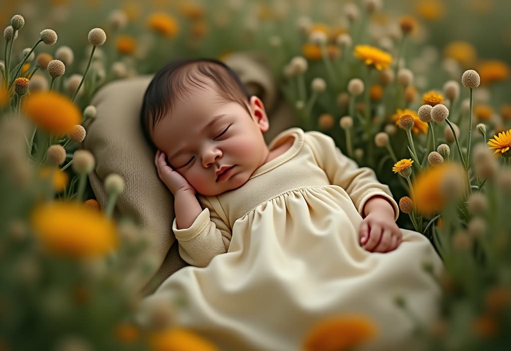  hyperrealistic art the newborn baby sleeps among a lot of rumishes and field flowers, she's in a light dress and colic. . extremely high resolution details, photographic, realism pushed to extreme, fine texture, incredibly lifelike hyperrealistic, full body, detailed clothing, highly detailed, cinematic lighting, stunningly beautiful, intricate, sharp focus, f/1. 8, 85mm, (centered image composition), (professionally color graded), ((bright soft diffused light)), volumetric fog, trending on instagram, trending on tumblr, HDR 4K, 8K