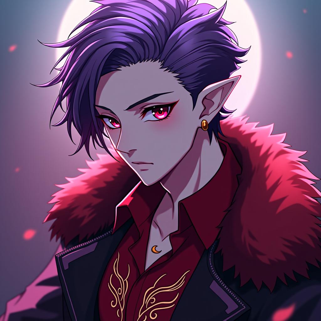  anime artwork dark elf male rock performer marble white skin, purple scarlet hair, lavender eyes with a red tint, dressed in a red violet shirt embroidered with red gold over the shirt wears a leather coat with a fur collar of dark scarlet, hairstyle in the style of hedgehog hair. an earring in the ear, in the shape of a month. the crescent moon tattoo . anime style, key visual, vibrant, studio anime, highly detailed hyperrealistic, full body, detailed clothing, highly detailed, cinematic lighting, stunningly beautiful, intricate, sharp focus, f/1. 8, 85mm, (centered image composition), (professionally color graded), ((bright soft diffused light)), volumetric fog, trending on instagram, trending on tumblr, HDR 4K, 8K