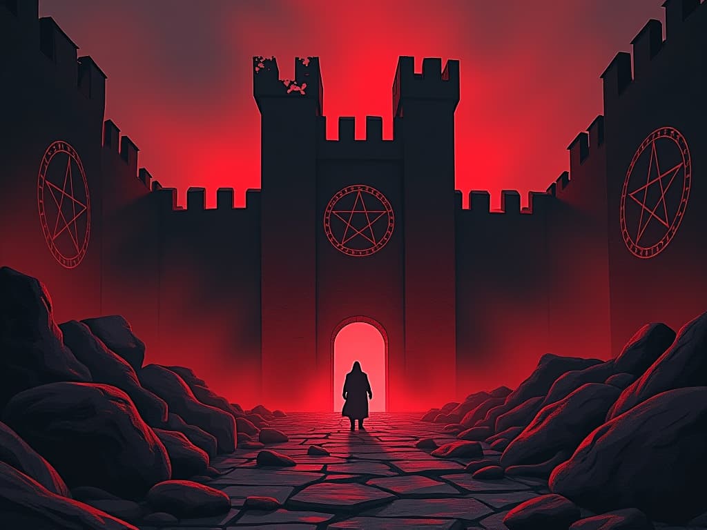  crumbling fortress in shades of red, walls adorned with fading symbols of strength, air of slow decay. the style is digital art illustration / modern comic book / graphic dark novel fantasy and mysterious occult, symbolic, moody lighting, esoteric vibe,high detail on character design. for the color scheme emphasize blacks and reds.