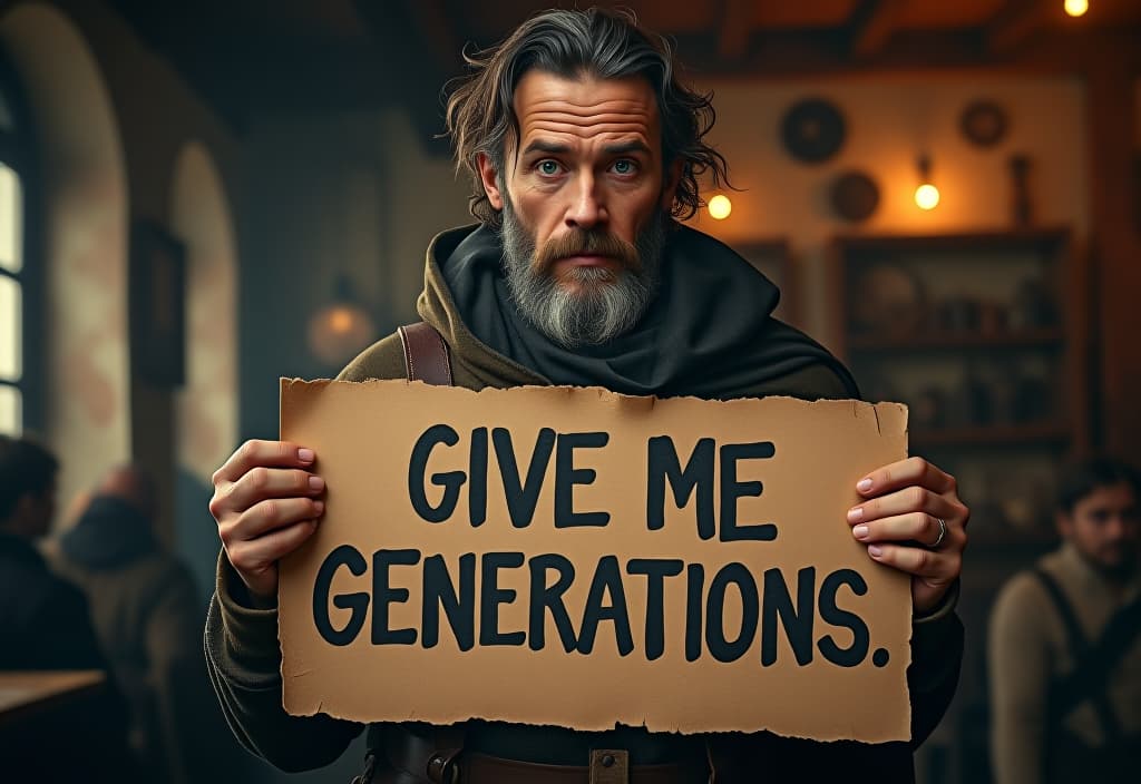  a rugged middle aged adventurer stands holding a hand made sign that reads ‘give me generations’ in bold, rough letters. the man has a scruffy beard, unkempt hair, and wears a worn out adventurer’s outfit with patched armor and a tattered cloak. his expression is a mix of desperation and determination as he clutches the sign with both hands. the scene is set in a dimly lit tavern or a rundown marketplace, with the sign prominently displayed as he tries to get attention. the background hints at a life of hardship and rough adventures, now reduced to begging in a gritty and harsh world hyperrealistic, full body, detailed clothing, highly detailed, cinematic lighting, stunningly beautiful, intricate, sharp focus, f/1. 8, 85mm, (centered image composition), (professionally color graded), ((bright soft diffused light)), volumetric fog, trending on instagram, trending on tumblr, HDR 4K, 8K