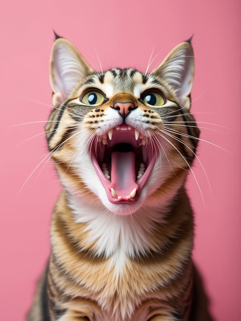  a cat with crazy face, pink background