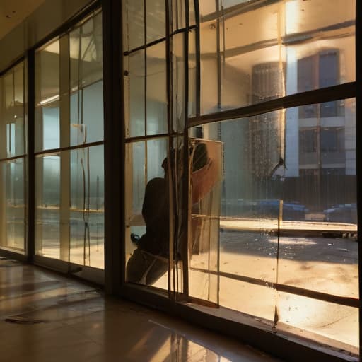 A photo of a skilled window technician meticulously repairing a shattered window in a high-rise office building lobby during early evening with dramatic, golden-hour lighting casting long shadows and creating a warm, welcoming atmosphere.