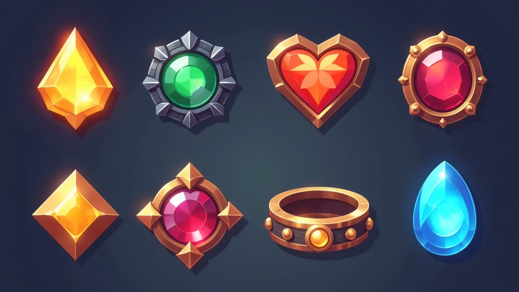  flat illustration, flaticon, (illustration:1.15), set of game icons, enchanted rings and amulets, fantasy game icon set, cartoon style, vector graphics, dark background, game design elements, cartoon game style, fantasy game design elements ar 16:9, [cory loftis, strobist, pascal campion :: 0.2]