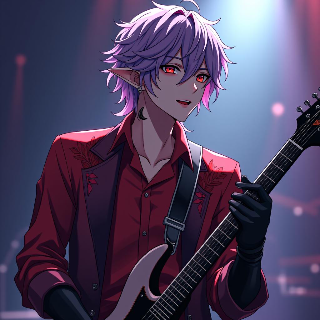  anime artwork the rock performer wears black leather gloves with metal claws on his fingers. the dark elf is a young man performing on stage with a guitar in his hands. dark elf a young man with marble white skin, purple hair with scarlet tint, pointed ear tips, lavender eyes with red tint, dressed in a red purple shirt embroidered with red gold, embroidery on the shirt is made in the form of plant stems, dressed in a dark scarlet floor jacket over a shirt, hairstyle in the style of disheveled hair. earring in the right ear in the shape of a crescent with teeth inside. tattoo in the form of a crescent with a serrated inner side is applied from the left temple to the left cheekbone, wrapping around the left eye socket, the crescent moon fa hyperrealistic, full body, detailed clothing, highly detailed, cinematic lighting, stunningly beautiful, intricate, sharp focus, f/1. 8, 85mm, (centered image composition), (professionally color graded), ((bright soft diffused light)), volumetric fog, trending on instagram, trending on tumblr, HDR 4K, 8K