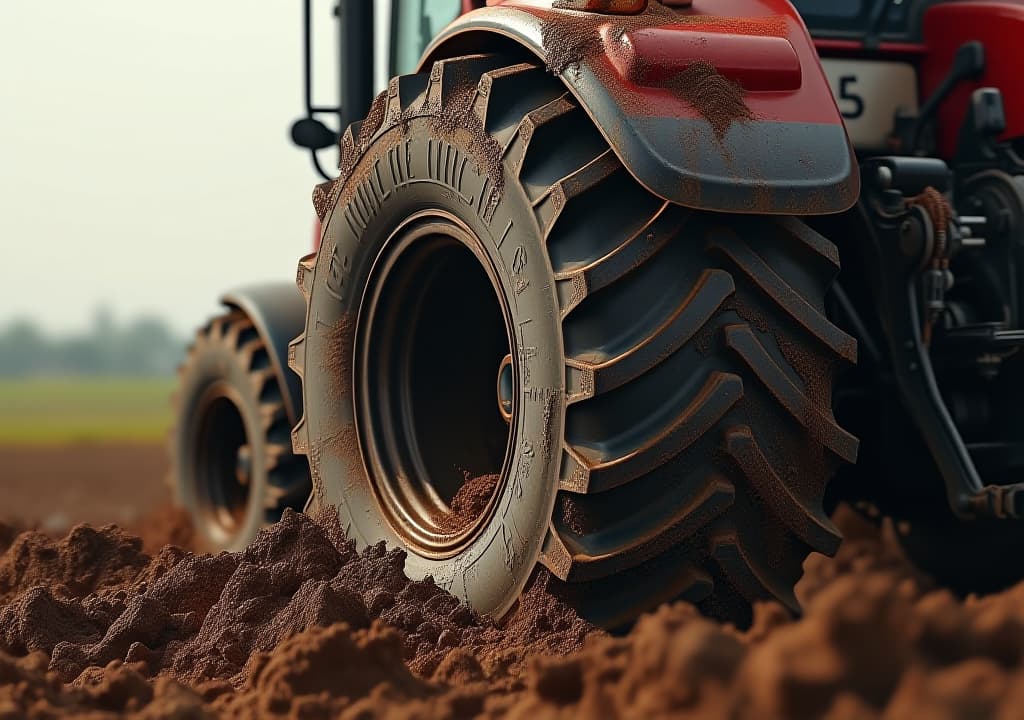  red tractor tire turning up mud in a field, high quality, high details, hd, perfect composition, 4k epic detailed, highly detailed, sharp focus, high resolution