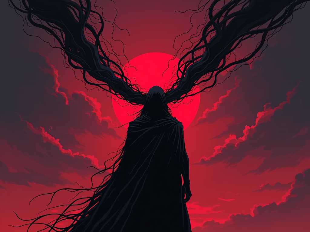  figure exhaling under a twilight sky, releasing dark tendrils of tension, air of relief. the style is digital art illustration / modern comic book / graphic dark novel fantasy and mysterious occult, symbolic, moody lighting, esoteric vibe,high detail on character design. for the color scheme emphasize blacks and reds.