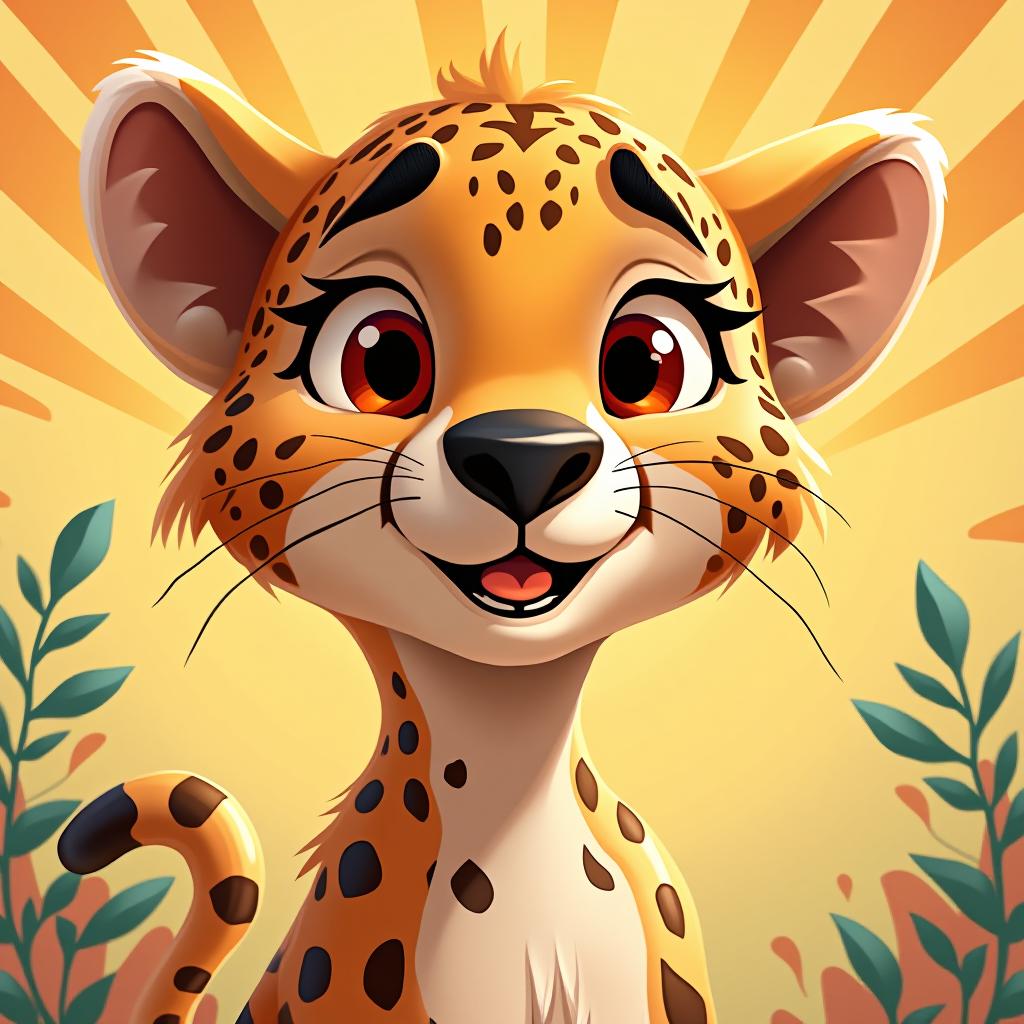  cartoon art style, a cheetah with exaggerated features and a playful expression, set against a bright, whimsical background., high quality, high details, hd, perfect composition, 4k epic detailed, highly detailed, sharp focus, high resolution