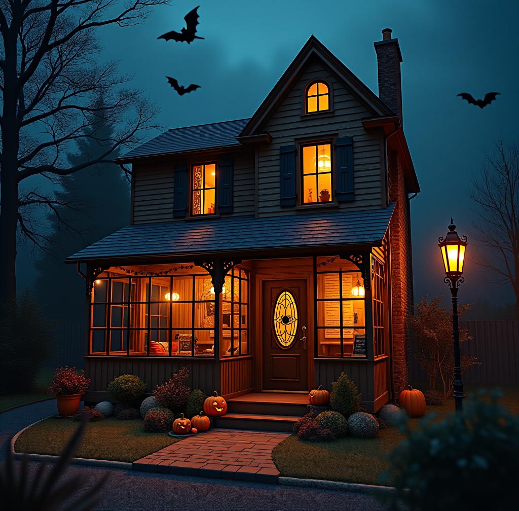  haunted coffee shop at night decorated for halloween., award winning, professional, highly detailed, masterpiece