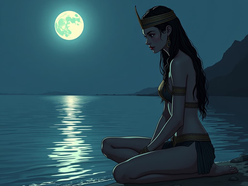  young woman in tight, sheer ancient egyptian clothing, sitting by the water's edge under the full moon, soft ripples reflecting on her serene face, contemplative moment. the style is digital art illustration / modern comic book / mysterious occult, symbolic, esoteric vibe,high detail on character design, incorporating ancient egyptian symbology and attire.