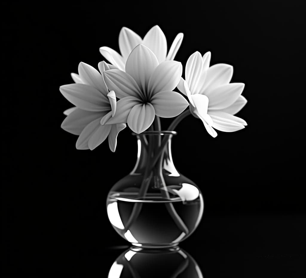  dramatic high contrast black and white photograph of isolated white flower vase on reflective surface, showcasing delicate shapes and contrasting textures.