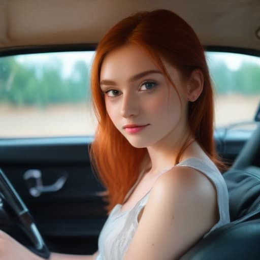 one beautiful young Red Head with big preety eyes sitting in one pose in the car, ((one with big beautiful red eyes sitting in one pose in the car)), ((in dress)), very skinny, 18 years old,((looking at viewer)), smile, (((big beautiful red eyes))), (close-up),, (((in simple clothes)))girl 18 years hyperrealistic, full body, detailed clothing, highly detailed, cinematic lighting, stunningly beautiful, intricate, sharp focus, f/1. 8, 85mm, (centered image composition), (professionally color graded), ((bright soft diffused light)), volumetric fog, trending on instagram, trending on tumblr, HDR 4K, 8K