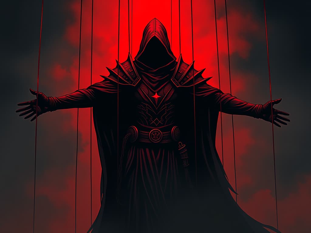  shadowy puppet strings controlling a figure in red armor, pulling in various directions, sense of manipulation. the style is digital art illustration / modern comic book / graphic dark novel fantasy and mysterious occult, symbolic, moody lighting, esoteric vibe,high detail on character design. for the color scheme emphasize blacks and reds.