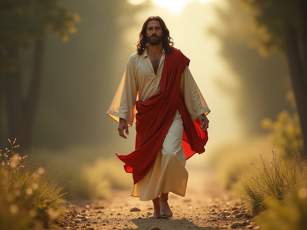  jesus walking, happy, blessings, size hyperrealistic, full body, detailed clothing, highly detailed, cinematic lighting, stunningly beautiful, intricate, sharp focus, f/1. 8, 85mm, (centered image composition), (professionally color graded), ((bright soft diffused light)), volumetric fog, trending on instagram, trending on tumblr, HDR 4K, 8K