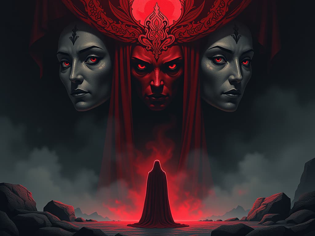  ancestor spirits, faces serene, watching figure in red perform sacred rites, light of reverence, sense of honoring legacy. the style is digital art illustration / modern comic book / graphic dark novel fantasy and mysterious occult, symbolic, moody lighting, esoteric vibe,high detail on character design. for the color scheme emphasize blacks and reds.