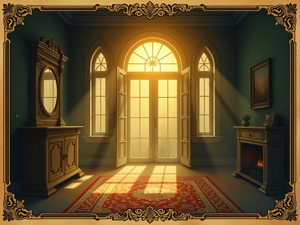  room filled with light, illuminated space, sunbeams streaming through windows, dust particles floating in the air, warm golden hues, comfortable and inviting atmosphere. an illustration in the style of a worn, mystical old tarot trump card, mysterious and elements of surrealism. the colors are muted, somber and eerie, but with contrast bring out an occult and esoteric vibe.