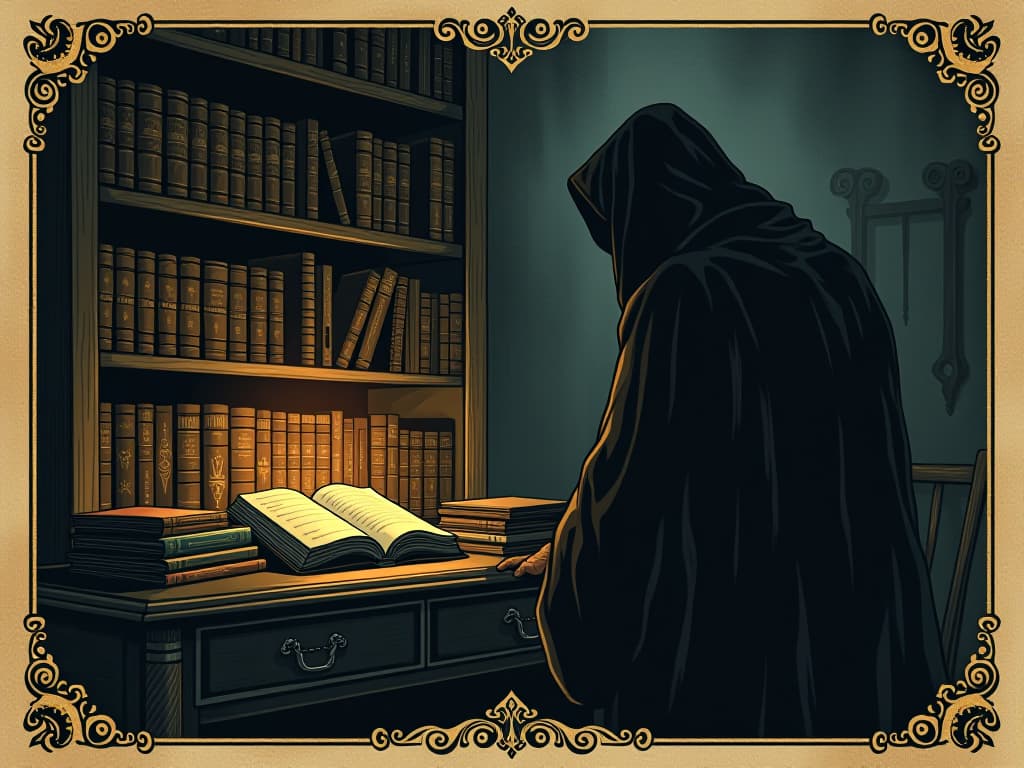  a dark, shadowy figure lurking near a bookshelf filled with ominous media, subtle glow highlighting eerie texts, atmosphere of silent temptation and danger. an illustration in the style of a worn, mystical old tarot trump card, mysterious and elements of surrealism. the colors are muted, somber and eerie, but with contrast bring out an occult and esoteric vibe.