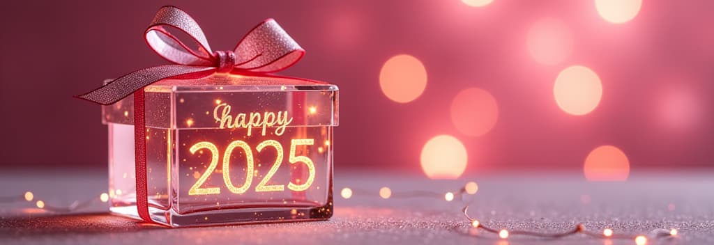  transparent glass christmas gift with glass bow, golden glowing text “happy 2025”, festive pink bokeh background ar 3:1 {prompt}, maximum details