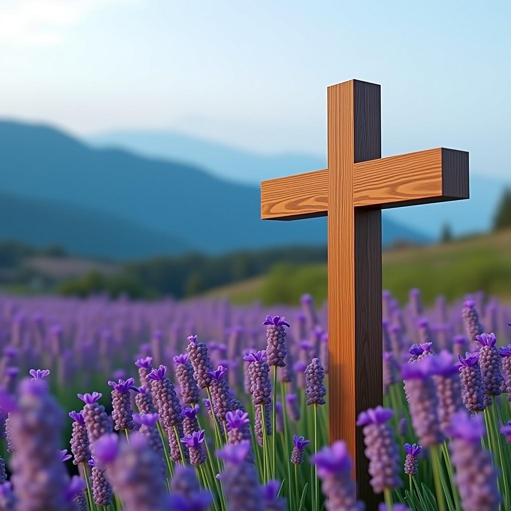  wooden cross in a lavender field with mountains in the background