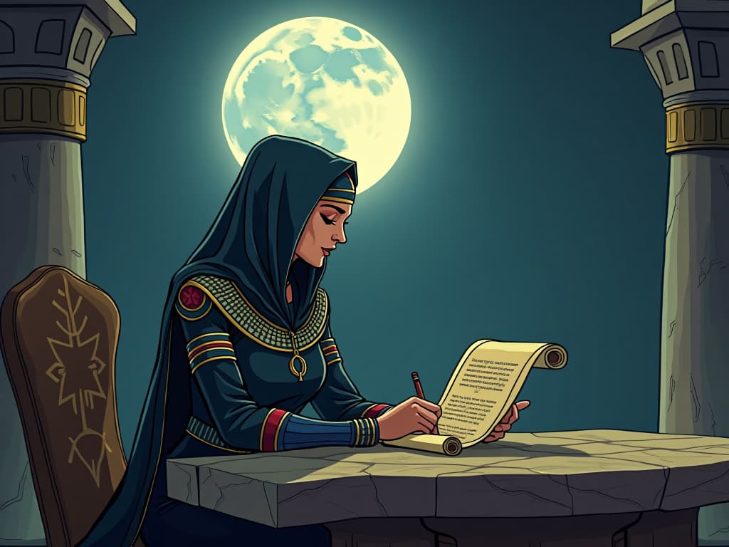  woman in tight, form fitting egyptian robes, sitting at a stone table under the full moon, working diligently on a scroll, personal project alignment, dedicated energy. the style is digital art illustration / modern comic book / mysterious occult, symbolic, esoteric vibe,high detail on character design, incorporating ancient egyptian symbology and attire.