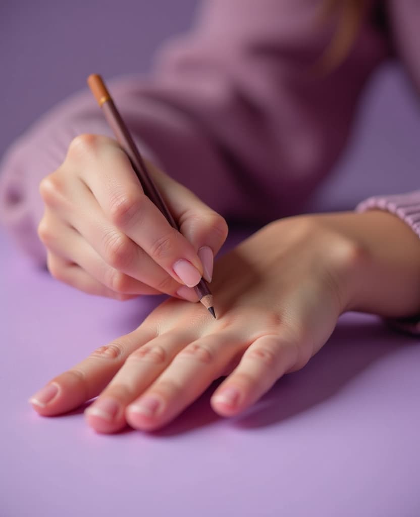  hdr photo of a woman applies on her wrist, hands, a small small pencil, close up, on a lilac background . high dynamic range, vivid, rich details, clear shadows and highlights, realistic, intense, enhanced contrast, highly detailed