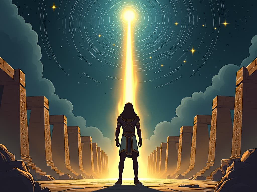  a celestial scene with swirling stars above a sacred egyptian temple, an ethereal light beam shining down on a chosen individual, dressed in ornate, form fitting attire, standing in awe, representing divine selection. the style is digital art illustration / modern comic book / mysterious occult, symbolic, esoteric vibe,high detail on character design, incorporating ancient egyptian symbology and attire.