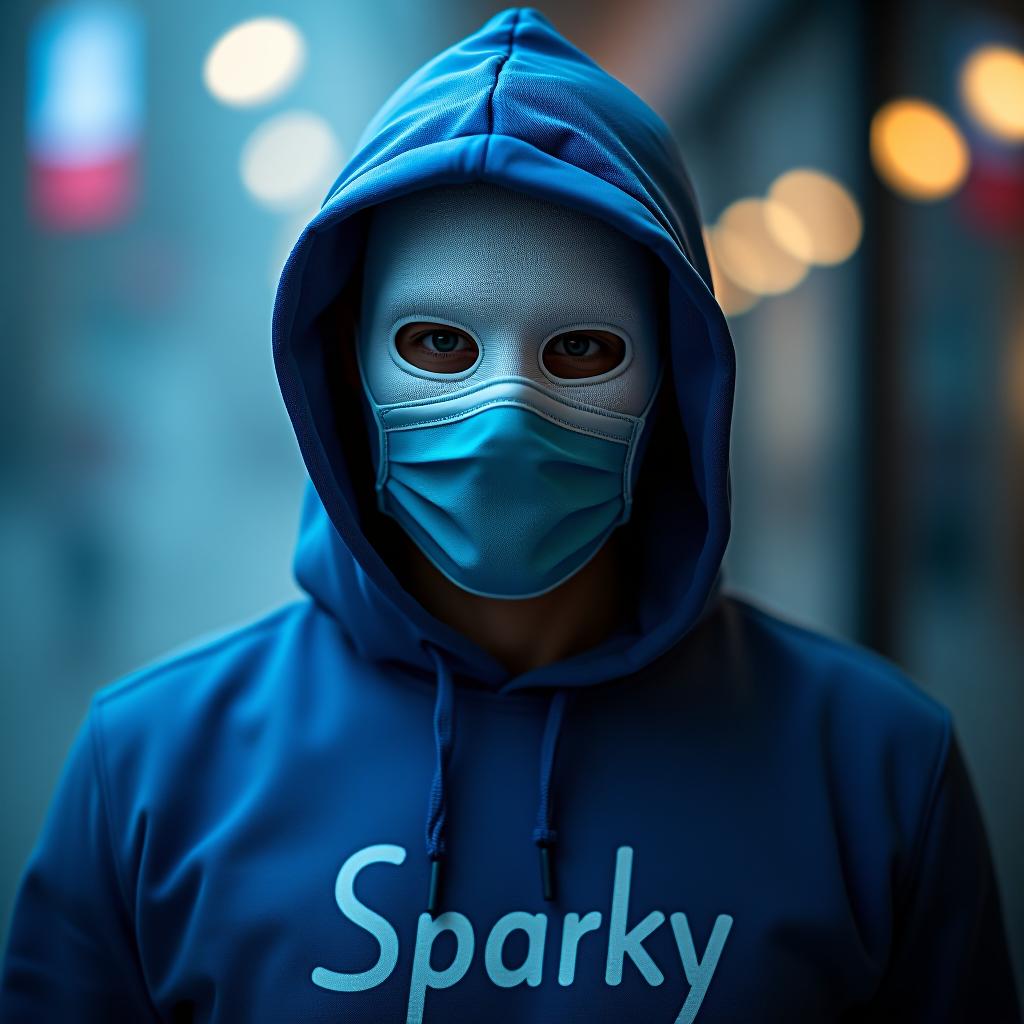  white man with a cool mask on his face with a blue hoodie with sparky written on hoodie hyperrealistic, full body, detailed clothing, highly detailed, cinematic lighting, stunningly beautiful, intricate, sharp focus, f/1. 8, 85mm, (centered image composition), (professionally color graded), ((bright soft diffused light)), volumetric fog, trending on instagram, trending on tumblr, HDR 4K, 8K