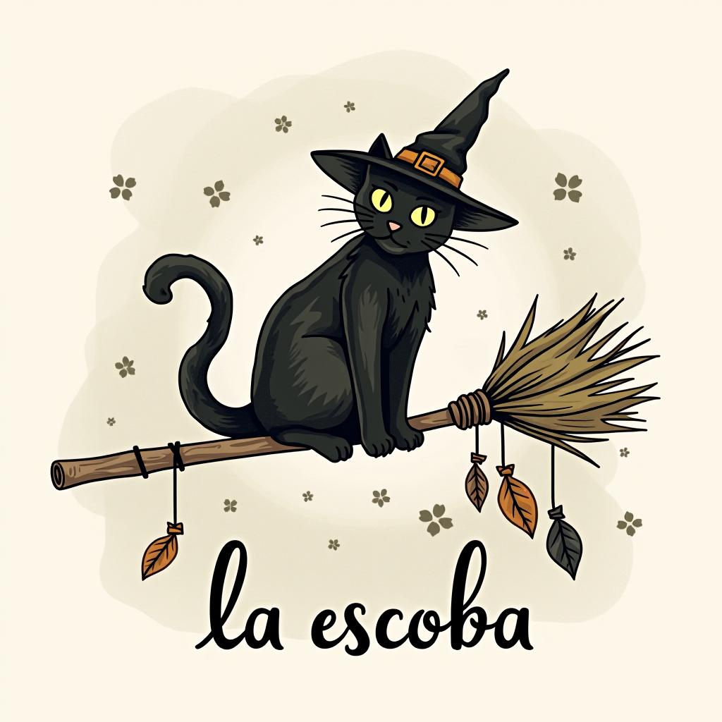  design a logo, in a watercolor style. witchy, black cat riding on a broom, dried herbs hanging m off broom, cottage core aesthetic , with the text 'la escoba'.