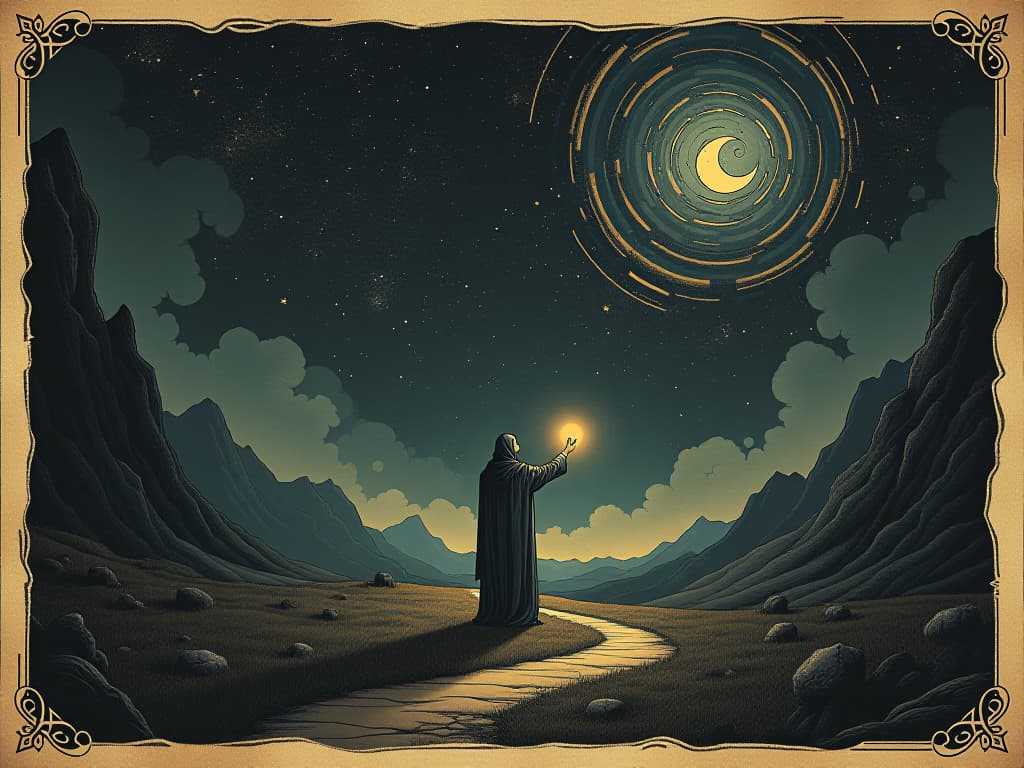  a figure standing with an outstretched hand, illuminating a path through a darkened landscape, stars and cosmic swirls in the night sky, guiding light, hopeful. an illustration in the style of a worn, mystical old tarot trump card, mysterious and elements of surrealism. the colors are muted, somber and eerie, but with contrast bring out an occult and esoteric vibe.