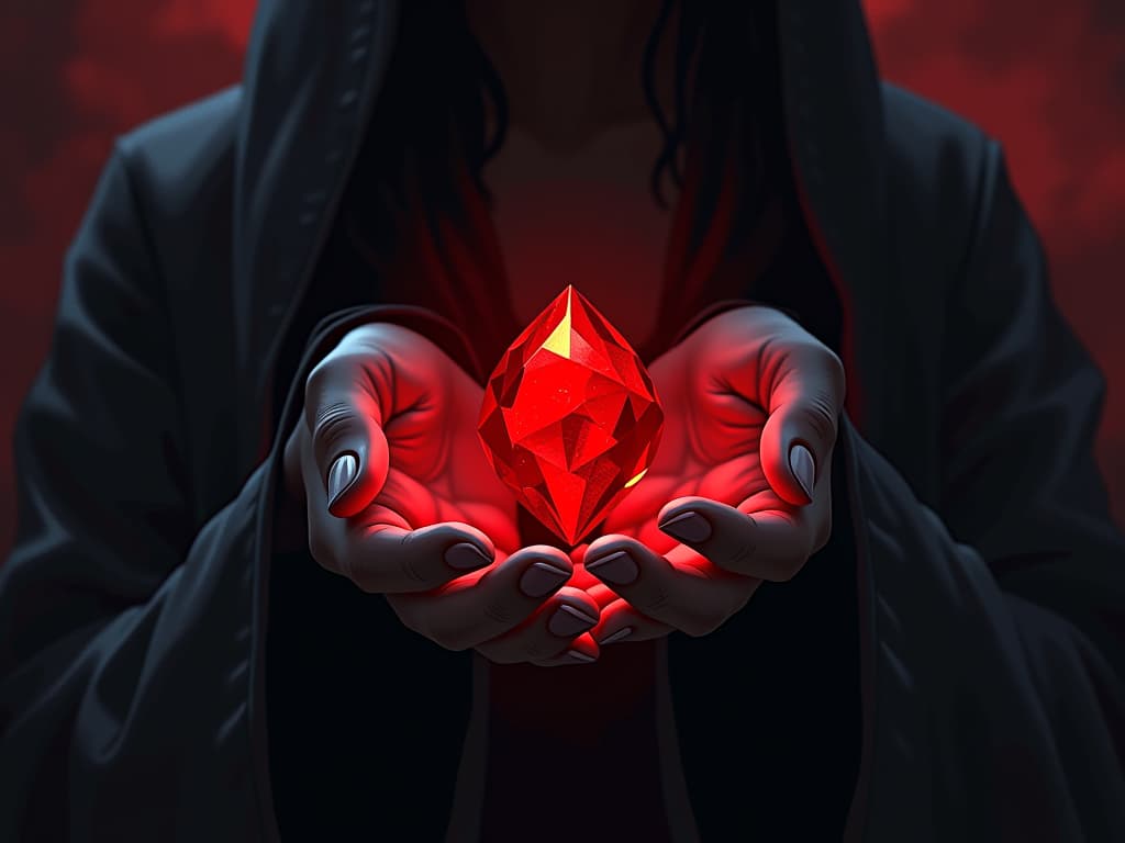  red gemstone in hand, glowing softly, sense of permanent fulfillment and inner peace. the style is digital art illustration / modern comic book / graphic dark novel fantasy and mysterious occult, symbolic, moody lighting, esoteric vibe,high detail on character design. for the color scheme emphasize blacks and reds.