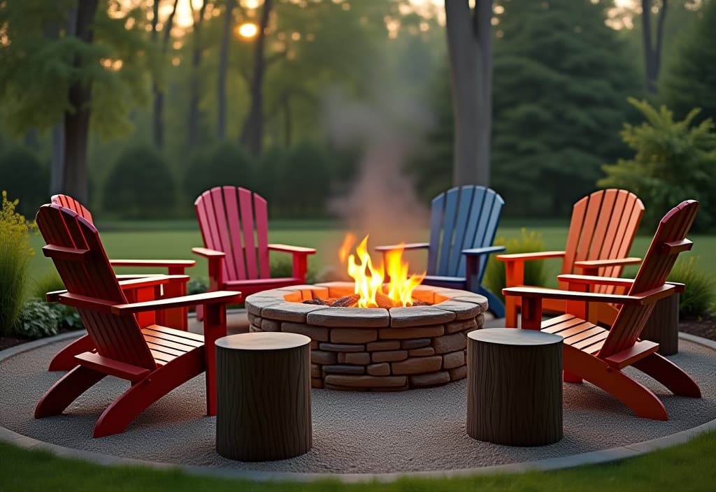  a landscape photo of a cozy fire pit area with a circular stone fire pit surrounded by mismatched, colorful adirondack chairs and tree stump side tables hyperrealistic, full body, detailed clothing, highly detailed, cinematic lighting, stunningly beautiful, intricate, sharp focus, f/1. 8, 85mm, (centered image composition), (professionally color graded), ((bright soft diffused light)), volumetric fog, trending on instagram, trending on tumblr, HDR 4K, 8K