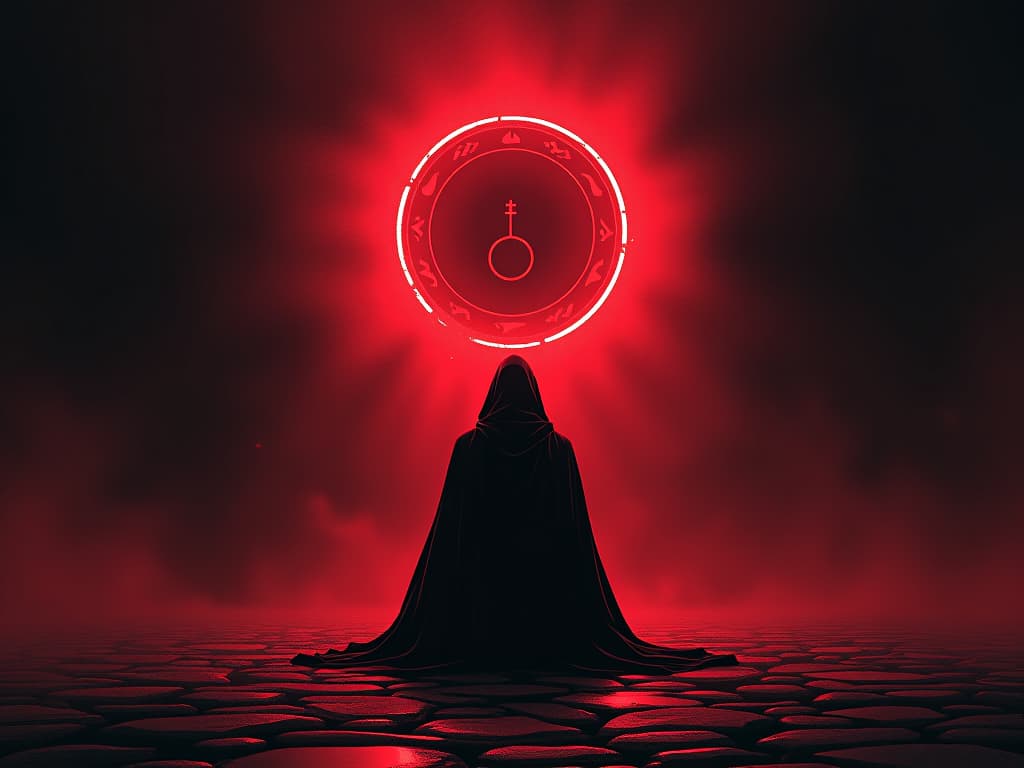  figure kneeling in dark, red light encircling, feeling of tug from within, yearning energy. the style is digital art illustration / modern comic book / graphic dark novel fantasy and mysterious occult, symbolic, moody lighting, esoteric vibe,high detail on character design. for the color scheme emphasize blacks and reds.