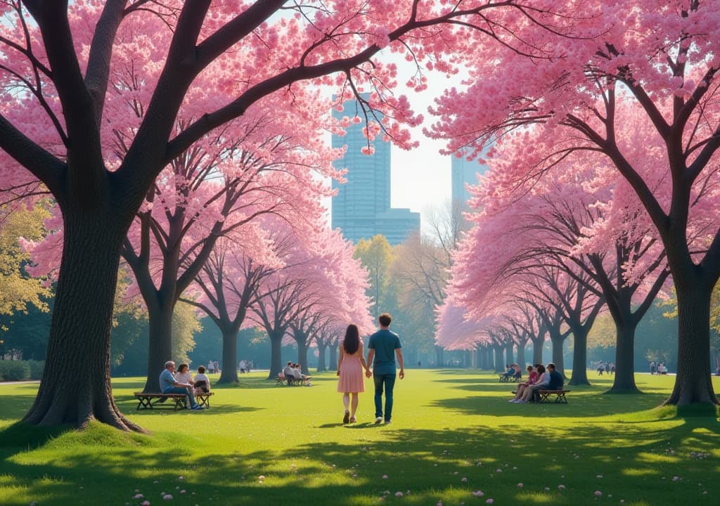  a serene scene of toronto's high park in spring, with cherry blossoms in full bloom, families enjoying picnics, and a couple walking hand in hand under the pink trees, all set against a backdrop of vibrant greenery and a clear blue sky. hyperrealistic, full body, detailed clothing, highly detailed, cinematic lighting, stunningly beautiful, intricate, sharp focus, f/1. 8, 85mm, (centered image composition), (professionally color graded), ((bright soft diffused light)), volumetric fog, trending on instagram, trending on tumblr, HDR 4K, 8K