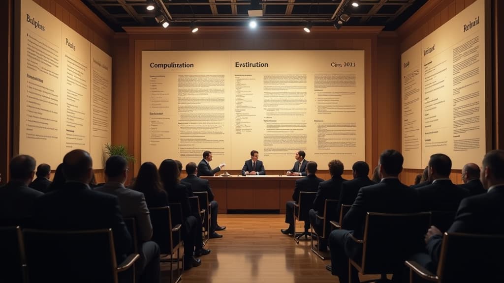  create a hyper realistic image capturing the essence of the challenges and developments in commercial lease law. the scene includes a large, intricately detailed legal seminar room filled with legal professionals engaged in discussions. the walls are adorned with oversized legal documents displaying clauses and compliance requirements. prominently featured in the center is a dynamic discussion panel with experts providing insights and practical solutions, surrounded by attentive participants tak