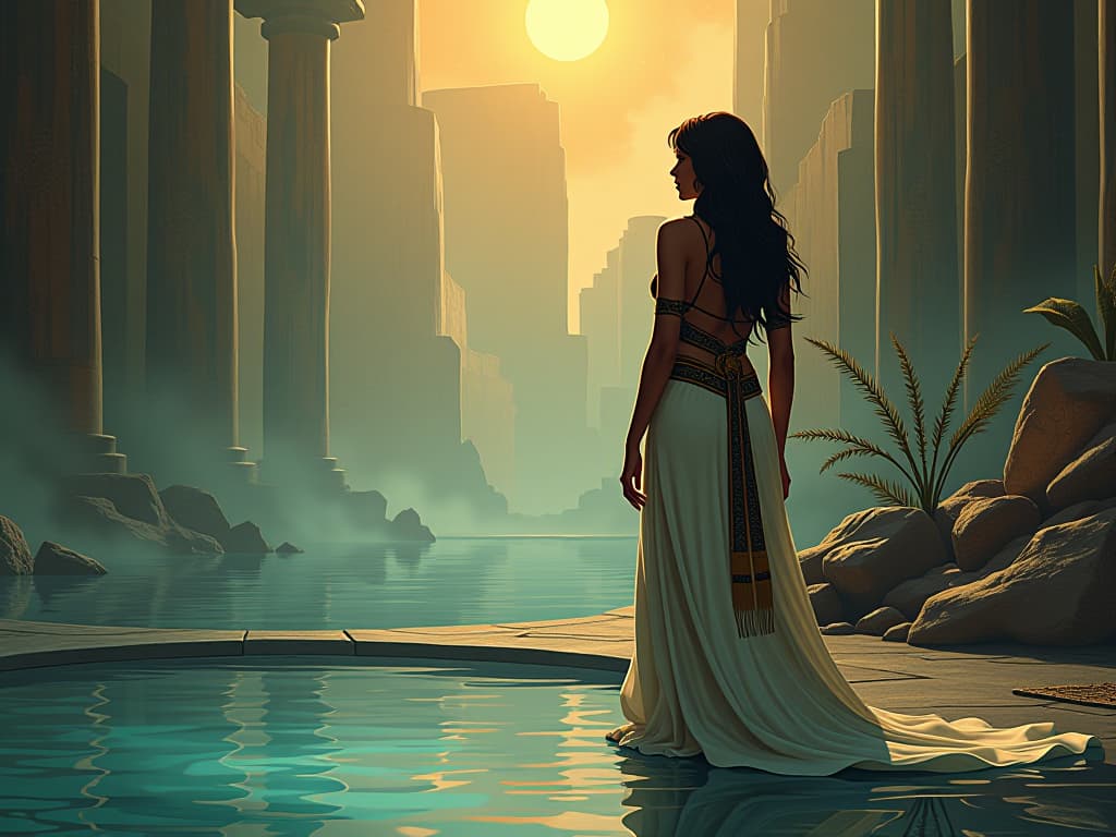  large busted goddess in an opulent gown, gazing serenely at a reflection pool, the water mirroring her dreams, dreamy and ethereal ambiance. the style is digital art illustration / modern comic book / mysterious occult, symbolic, esoteric vibe,high detail on character design, incorporating ancient egyptian symbology and attire.