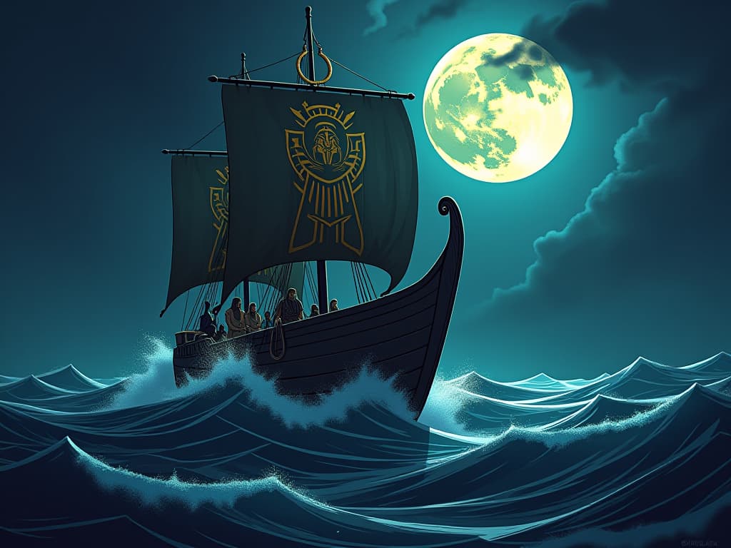  ancient egyptian ship navigating through dark, turbulent waters, guided by the unwavering light of the full moon. the style is digital art illustration / modern comic book / mysterious occult, symbolic, esoteric vibe,high detail on character design, incorporating ancient egyptian symbology and attire.