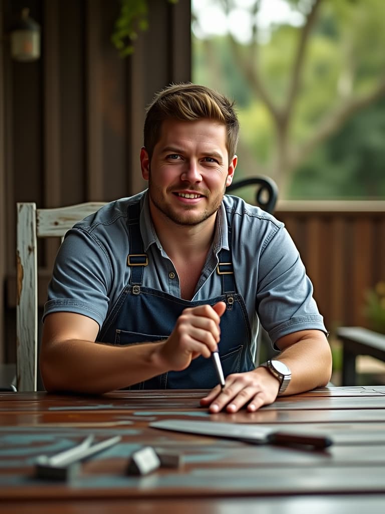  high quality portrait photo of a striking before and after image showcasing a weathered patio set restored to its former glory, with refinishing tools visible in the foreground hyperrealistic, full body, detailed clothing, highly detailed, cinematic lighting, stunningly beautiful, intricate, sharp focus, f/1. 8, 85mm, (centered image composition), (professionally color graded), ((bright soft diffused light)), volumetric fog, trending on instagram, trending on tumblr, HDR 4K, 8K