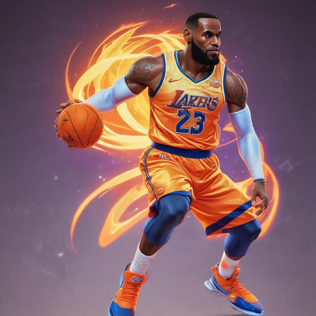 distance-shot, flashy, full-body, dynamic, holographic, animated cartoon poster of lebron james in the style of dragon ball super