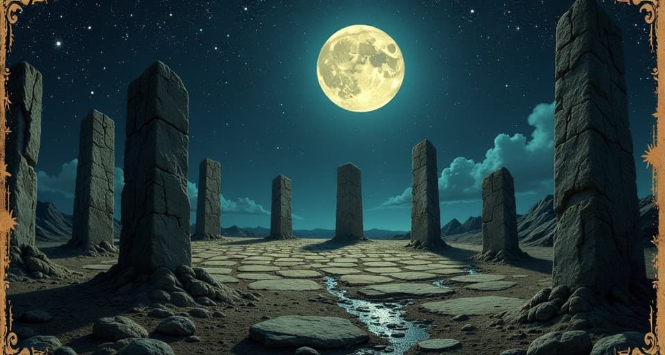  an ancient stone circle under a dark, star filled night sky, moonlight casting elongated shadows, mystical aura, sacred and destined presence, serene, powerful. an illustration in the style of a worn, mystical old tarot trump card, mysterious and elements of surrealism. the colors are muted, somber and eerie, but with contrast bring out an occult and esoteric vibe.